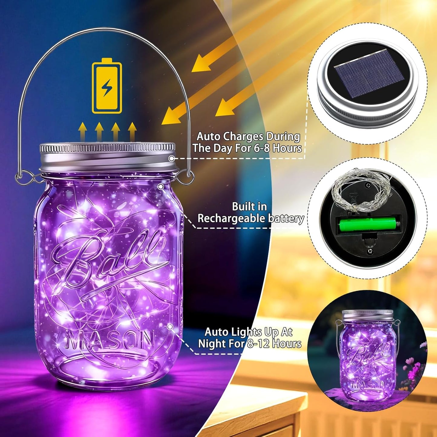 ZNYCYE Mason Jar Solar Lights for Outside, 12 Pack 30LED Fairy Firefly Lights Mason Jar Solar Lids Outdoor Waterproof String Lights with Hangers(NO Jars) for Patio Garden Yard Lawn Decor(6 Colors)-VerdiqueGarden