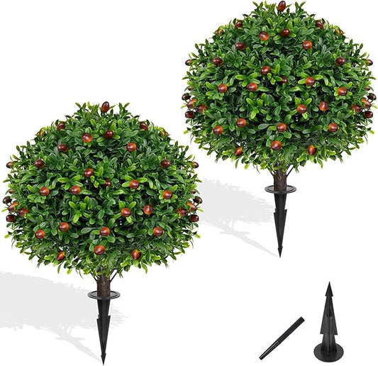 Artificial Olive Topiary Ball Trees with Ground Spike, Set of 2 UV Resistant Artificial Shrubs, Fake Evergreen Artificial Plant Bushes for Indoor Outdoor Front Porch Garden-VerdiqueGarden