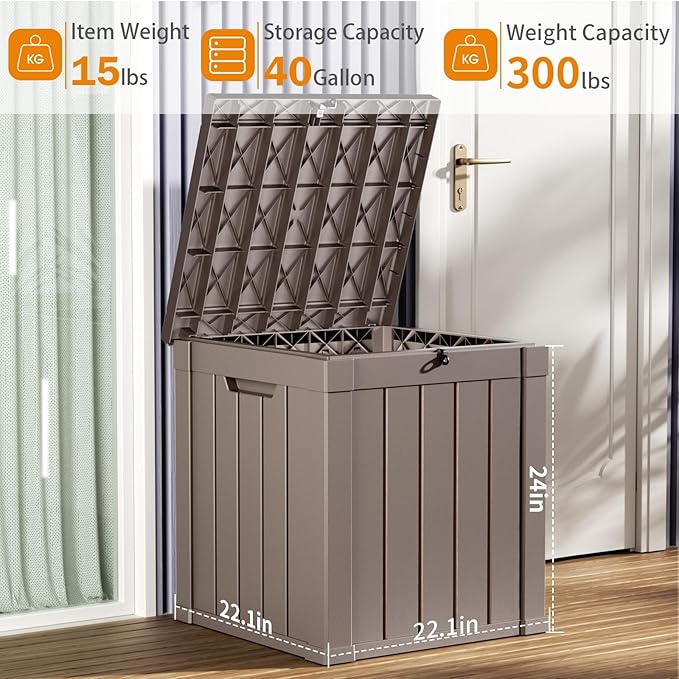 40 Gallon Resin Deck Box, Lockable Patio Outdoor Storage Box for Furniture, Garden Tools and Tools Storage, Waterproof Outside Storage Boxes - Grey-VerdiqueGarden