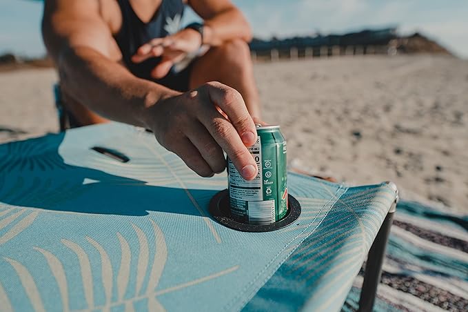 Neso Portable Beach Table with Cup Holders, Cell Phone Pockets, Lightweight for Picnics and Parks (Aqua Fronds)-VerdiqueGarden