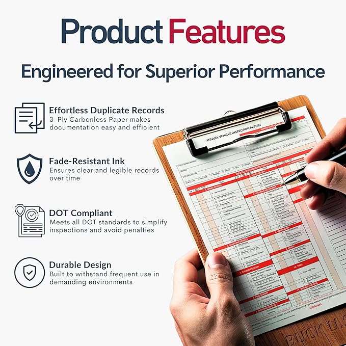 100 Pack 3-Ply Carbonless Annual Vehicle Inspection Report Forms with FMCSA Red Aluminum Adhesive Labels, DOT Inspection Forms and Stickers, Shrink-Wrapped, 8.5" x 11.75" - Made in USA-VerdiqueGarden
