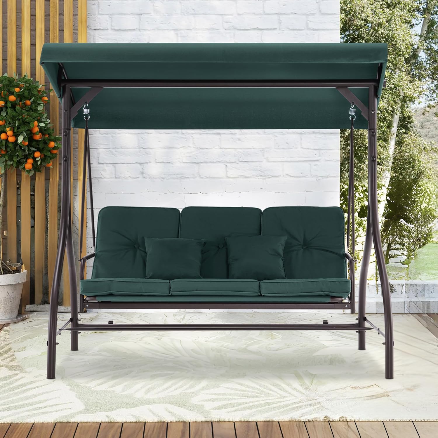 MCombo 3-Seat Outdoor Patio Swing Chair, 2-in-1 Convertible Porch Swing Glider Chair with Removable Cushions, Adjustable Canopy & Pillows for Backyard, Deck, Garden, 4068 (Green)-VerdiqueGarden