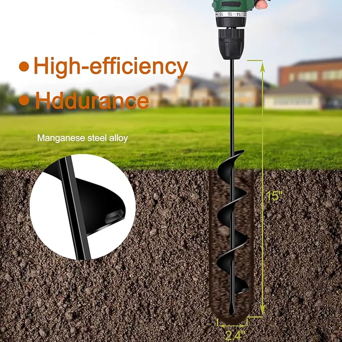 LONGRUN Auger Drill Bit for Planting, Garden Spiral Hole Drill for 3/8” Hex Drive Augers, Solid Shaft Hole Digger Easy Rapid Planter for Planting Trees, Bulbs, Seedlings-2.4"x22.84"-VerdiqueGarden