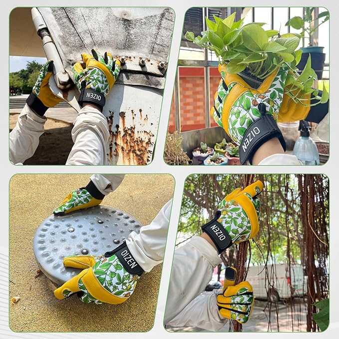 Cowhide Leather Thorn Proof & Puncture Resistant Gardening Gloves for Women, Touchscreen Compatible Working Gloves for Weeding, Digging, Planting, Gardening Gifts for Women (Green bellflowers, Medium)-VerdiqueGarden