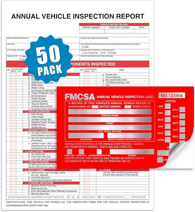 Goldenfox DOT Inspection Forms and Stickers,50-Pack,3-Ply Carbonless Annual Vehicle Inspection Report Form(8.5" x 11.75) with Red Exterior Aluminum Inspection Label(6"x3.5"), Permanent Adhesive.-VerdiqueGarden