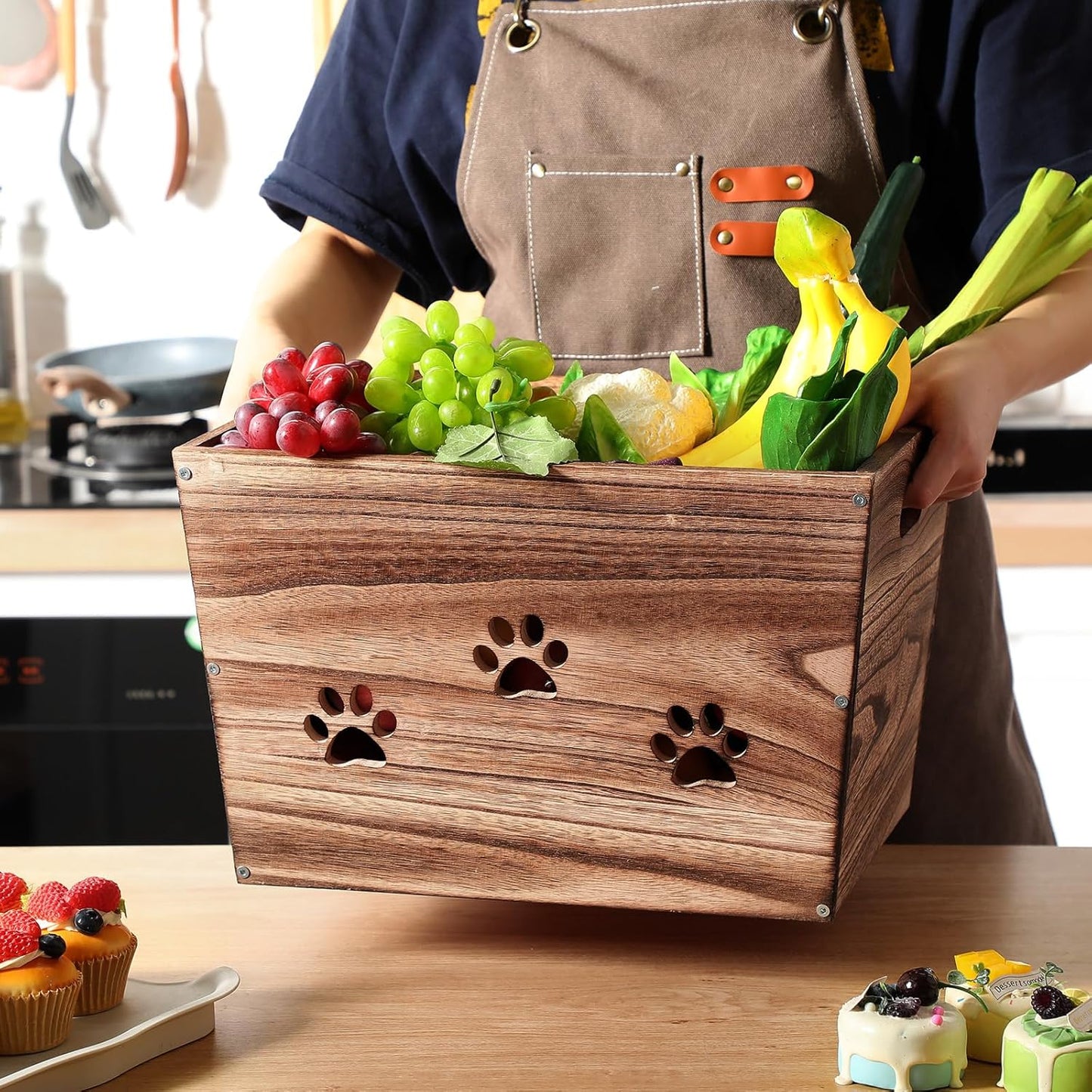 3 Pack Rustic Wooden Crates Hollow Claw Wooden Storage Boxes with Handles Dog Toy Box Large Handmade Farmhouse Decorative Wood Crate for Display-VerdiqueGarden
