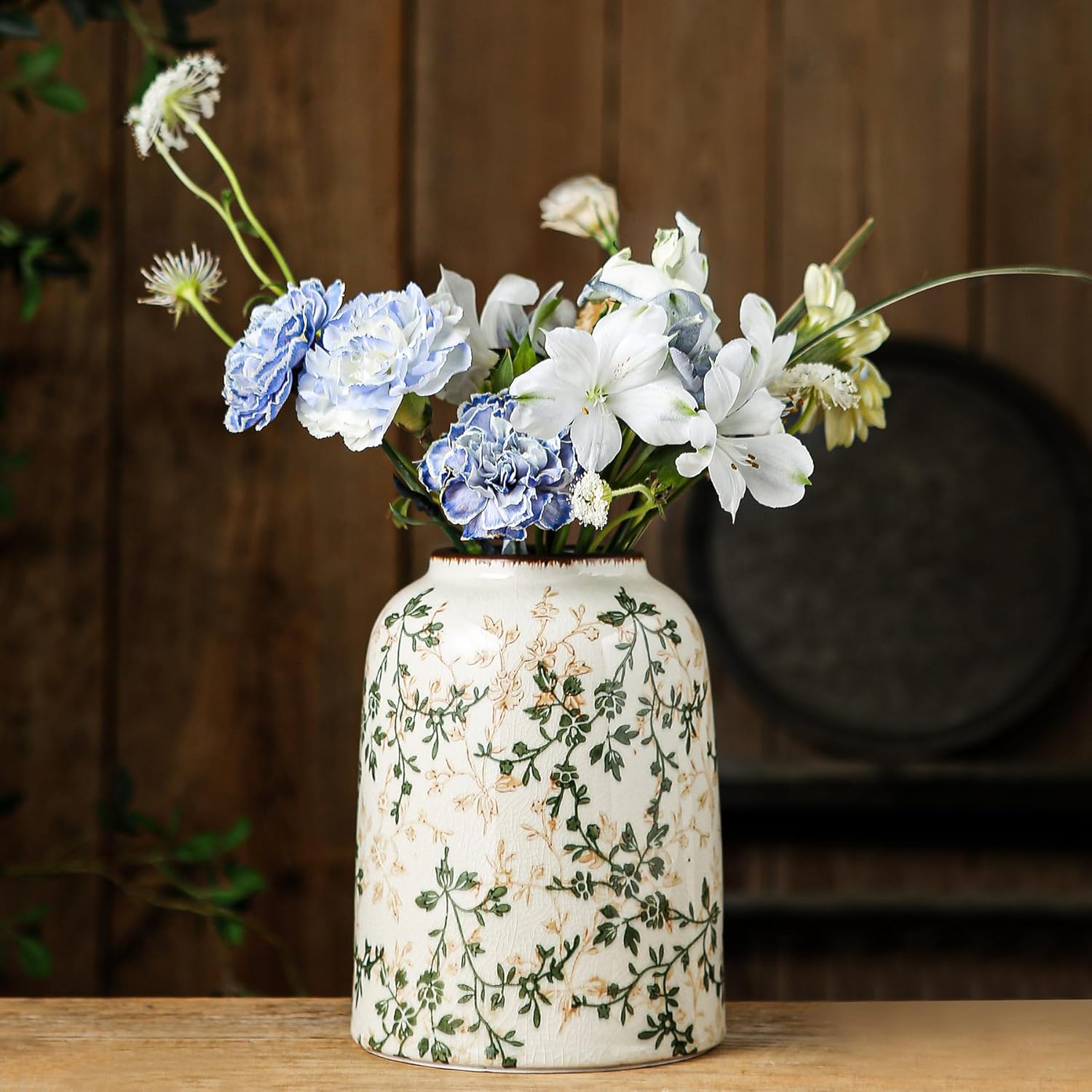 Green Vintage Vase, Chinoiserie Floral Vases, Retro Ice Cracked Ceramic Large Vases for Home Decors, Living Room, Bookshelf, Office, Grand Millennial Decor, Chinoiserie Decors, Tuscan Decor 7.8 Inch-VerdiqueGarden