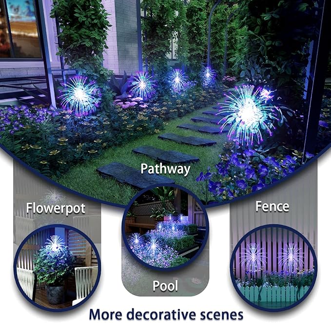 Honche Pack of 4 Upgrade Solar Fireworks 120LEDs Garden Fairy Lights, ROHS CE Certified 120 Led DIY Shapes Multicolored Lights IP65 Weatherproof for Christmas Pathway Parties Garden Decor-VerdiqueGarden