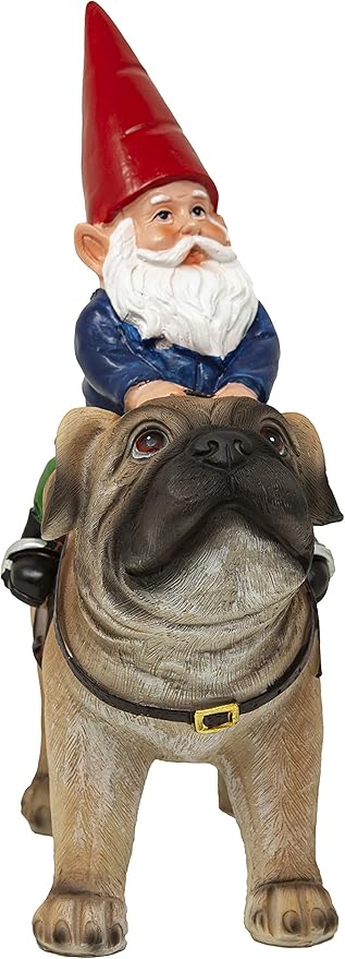 Funny Guy Mugs Garden Gnome Statue - Gnome Riding a Pug - Indoor/Outdoor Garden Gnome Sculpture for Patio, Yard or Lawn-VerdiqueGarden
