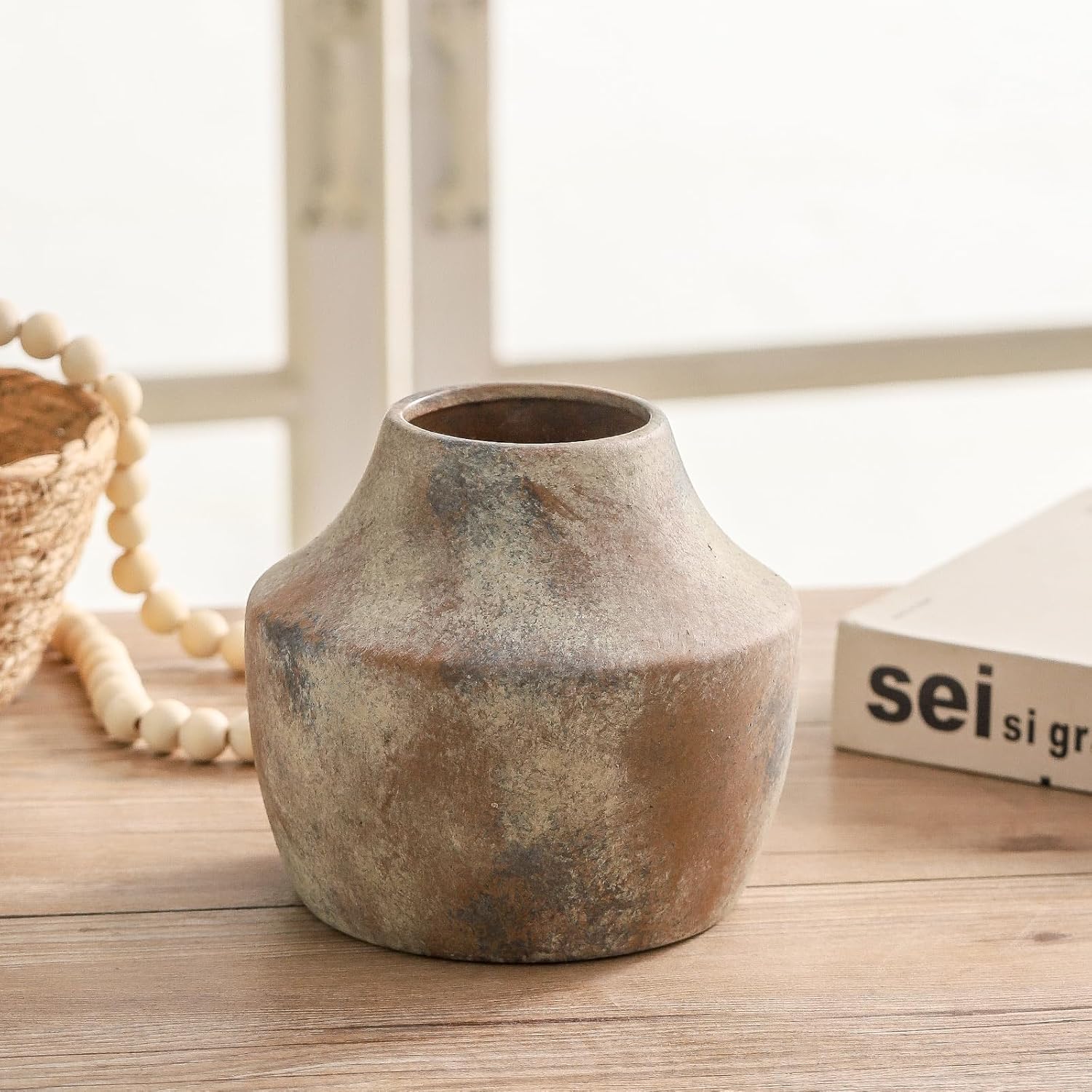 Mitt&Ditt Ceramic Flower Vase, 5.3 inch Pottery Farmhouse Rustic Vase, Handcrafted Weathered Vases, Small Flower Terracotta Vases for Home Decor, Living Room, Table, Shelf, Mantel, Neutral-VerdiqueGarden