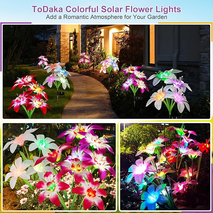 Solar Lights Outdoor Waterproof, 4 Pack Upgraded Garden Lights Solar Powered with 16 Double Layer Lily Flowers, Colorful Outdoor Solar Lights for Outside Yard Patio Garden Decor-VerdiqueGarden