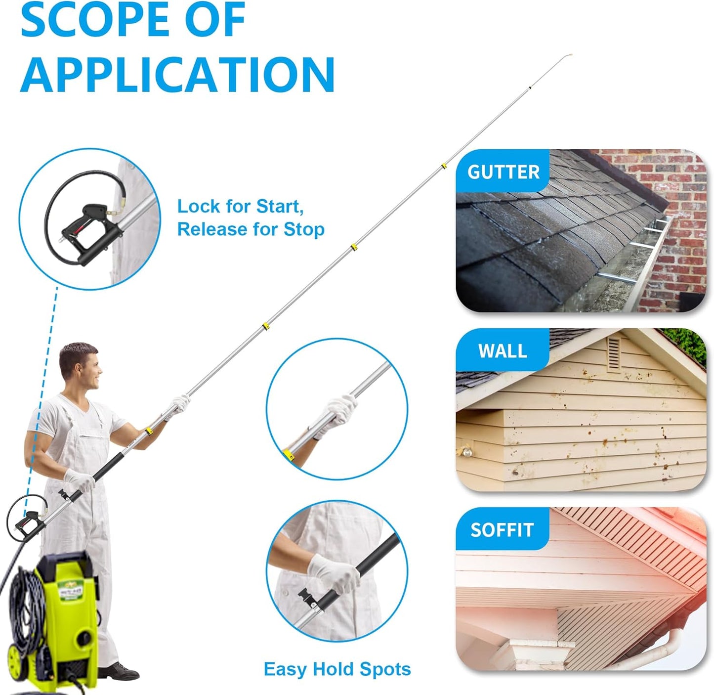 24 FT Telescoping Pressure Washer Wand Extension, Aluminum Power Washer Extension Wand with 7 Nozzle Tips, 3 Adapters & Support Harness, Gutter Cleaning Tools for 2 Story House-VerdiqueGarden