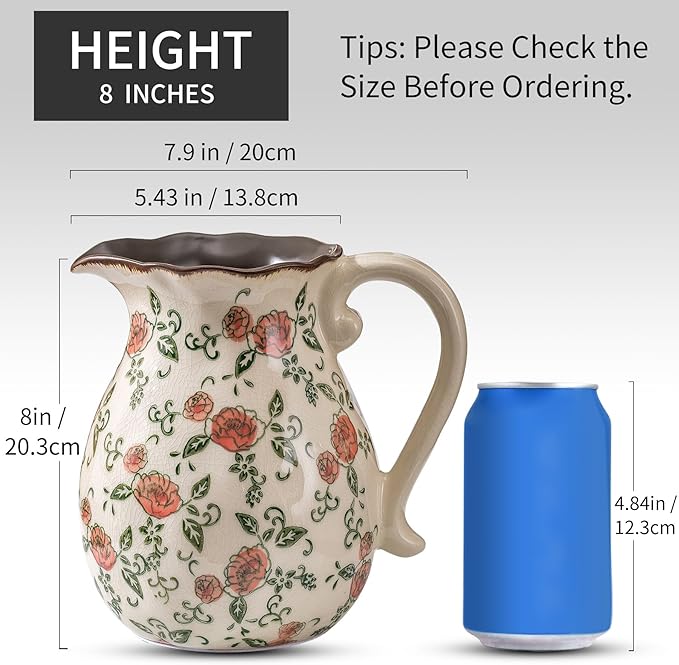 Green and White Vintage Vase with Handle, Red Rose Chinoiserie Floral Pitcher Vase, Rustic Ceramic Farmhouse Vases for Home Decor, Living Room, Bookshelf, Office, Grand Millennial Decor 7.9 Inch-VerdiqueGarden