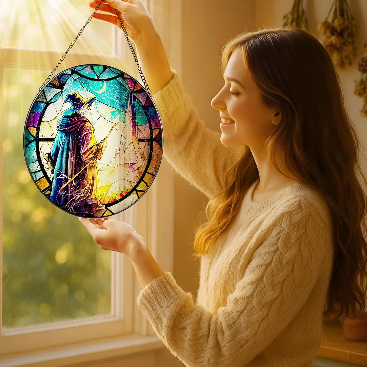 Stained Glass Window Hanging, LAOWEIKI 8'' Witch Suncatcher, Stained Glass Ornament, Suncatchers for Windows Hanging, Window Decor, Outdoor or Indoor, Gifts for Friends-VerdiqueGarden