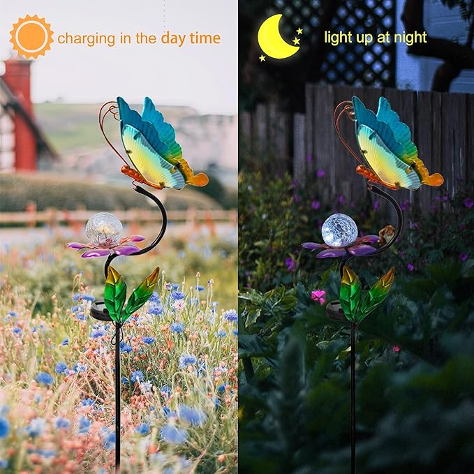 HONGLAND Solar Butterfly Garden Lights, Outdoor Lights Garden Decor for Outside, Flower Yard Decorations, Metal Yard Art for Patio Decor, Gifts for Mom-VerdiqueGarden