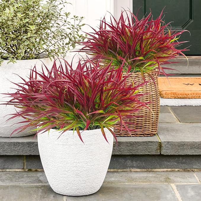 Uieke 28 Bundles Artificial Outdoor Plants UV Resistant Fake Grass Plants Faux Plastic Plants Greenery Shrubs for Home Garden Pathway Window Box Front Porch Summer Fall Decor, Deep Red-VerdiqueGarden