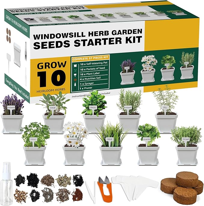 10 Herb Seeds Garden Starter Grow Kit with White Pots, Markers, Nutritional Soil, Watering, Herb Clipper, Complete Indoor Potted Plant Growing Set for Kitchen DIY-VerdiqueGarden