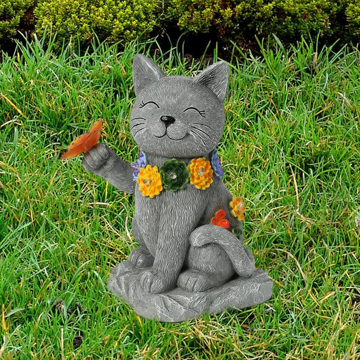 Outdoor Solar Cat Garden Statue - with LED Flower and Butterfly Statue Light, Suitable for Lawn Decor, Porch, Yard Decorations Outdoor, Birthday Gift for Women-VerdiqueGarden