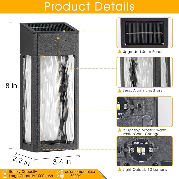 Metal Solar Lights Outdoor, 4 Pack Textured Glass Solar Fence Lights, Solar Wall Lights Outdoor Waterproof, Fence Lights Solar Powered for Yard Porch Patio Garden Decor (Warm/Color Changing)-VerdiqueGarden