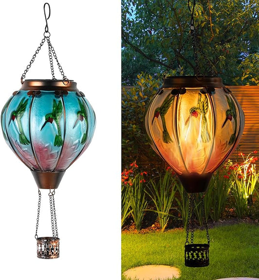 Hummingbird Hot Air Balloon Hanging Solar Lantern Lights, Flickering Flame Solar LED Candle Lights Outdoor Garden Decorative Metal & Glass Waterproof Lanterns for Yard Patio Farmhouse Decoration-VerdiqueGarden