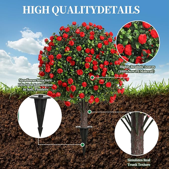 Artificial Rose Topiary Trees, 17 Inch UV-Resistant Red Flowers, Set of 2 with Ground Stakes, Indoor Outdoor Decorative Plants-VerdiqueGarden