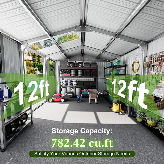 12x10 FT Metal Sheds & Outdoor Storage: Heavy Duty Garden Sheds with Dual Transparent Panels, 2x4-Pane Windows & Hinged Double Doors, Weatherproof Tool Shed for Backyard, Garden, Patio, Grey/White-VerdiqueGarden