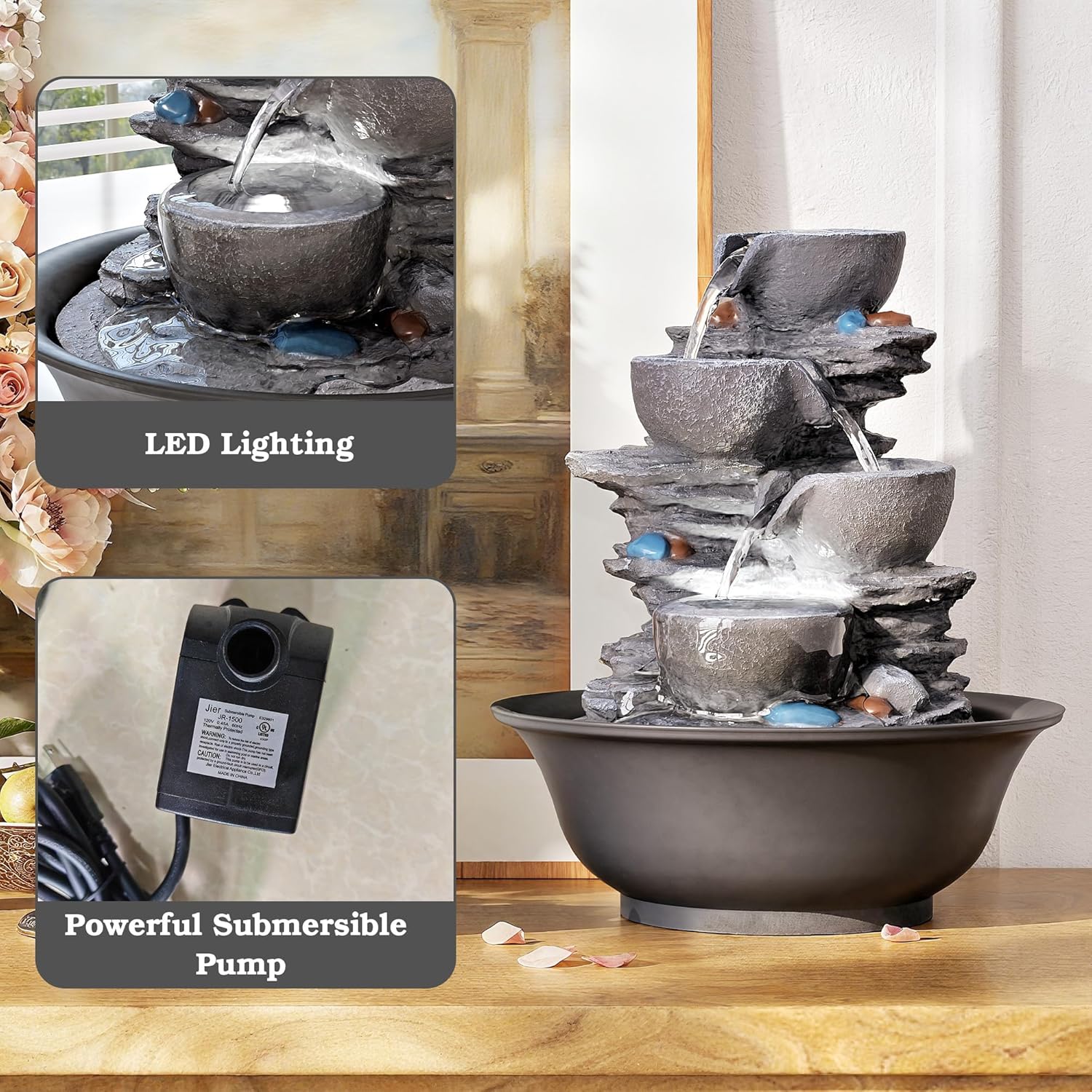 10.6inch Tabletop Fountain, Indoor Waterfall Fountains with LED Light, Realistic Rock Design for Soothing Ambiance in Bedrooms, Living Rooms, Offices, or Meditation Spaces-VerdiqueGarden