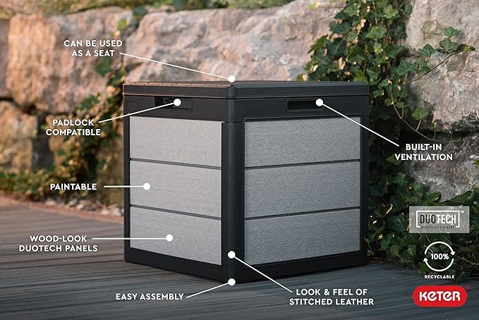 Keter Denali 30 Gallon Resin Outdoor Storage Box and Patio Furniture Side Table for Pool and Garden Accessories, Grey & Black-VerdiqueGarden