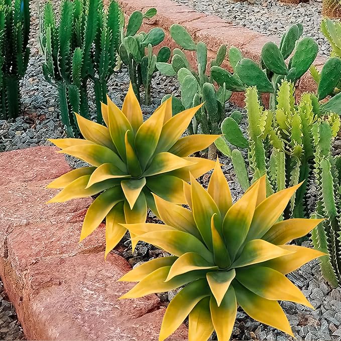Artificial Agave Plants,Large UV Resistant Fake Agave Planters for Indoor and Outdoor Decorating Tropical Plant Succulents Greenery Indoor Decor (2Pack,18" Yellow)-VerdiqueGarden