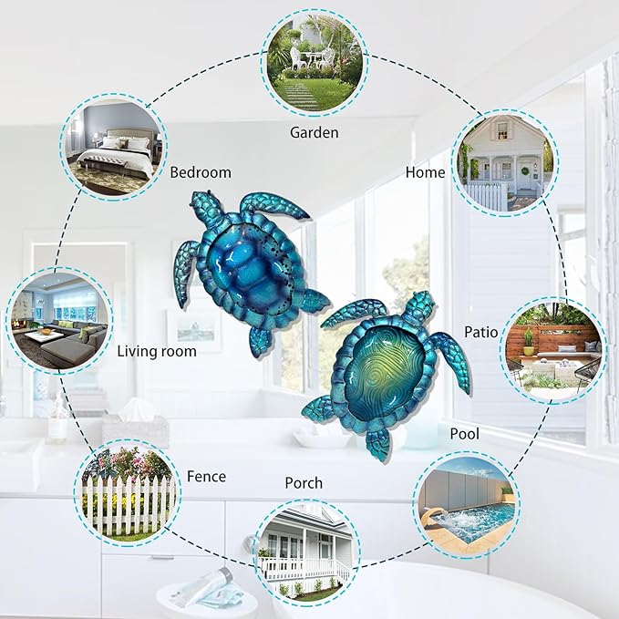 LIFFY Metal Turtle Wall Art Decor Ocean Wall Hanging Coastal Wall Sculptures Beach Theme Wall Decoration for Indoor Outdoor Bathroom Beach Garden Pool (10", 2 pcs)-VerdiqueGarden