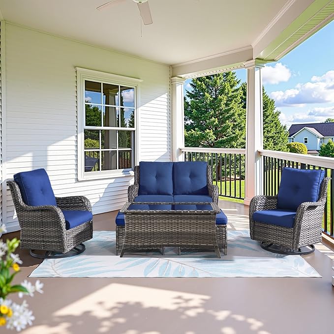 Wicker Outdoor Furniture Patio Furniture Set - 6 Piece Patio Conversation Set with Swivel Rocker Chairs, Loveseat Sofa, Ottomans and Coffee Table, Blue Cushion-VerdiqueGarden