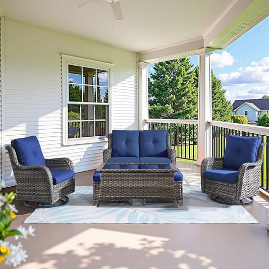 Wicker Outdoor Furniture Patio Furniture Set - 6 Piece Patio Conversation Set with Swivel Rocker Chairs, Loveseat Sofa, Ottomans and Coffee Table, Blue Cushion-VerdiqueGarden