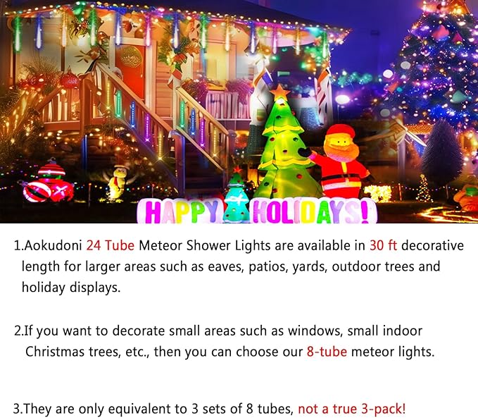Aokudoni Christmas Lights 24 Tubes Meteor Shower Outdoor, Indoor Outside Decorations Icicle Snow Falling Rain for Tree Yard Party, UL Plug, Multi Color-VerdiqueGarden