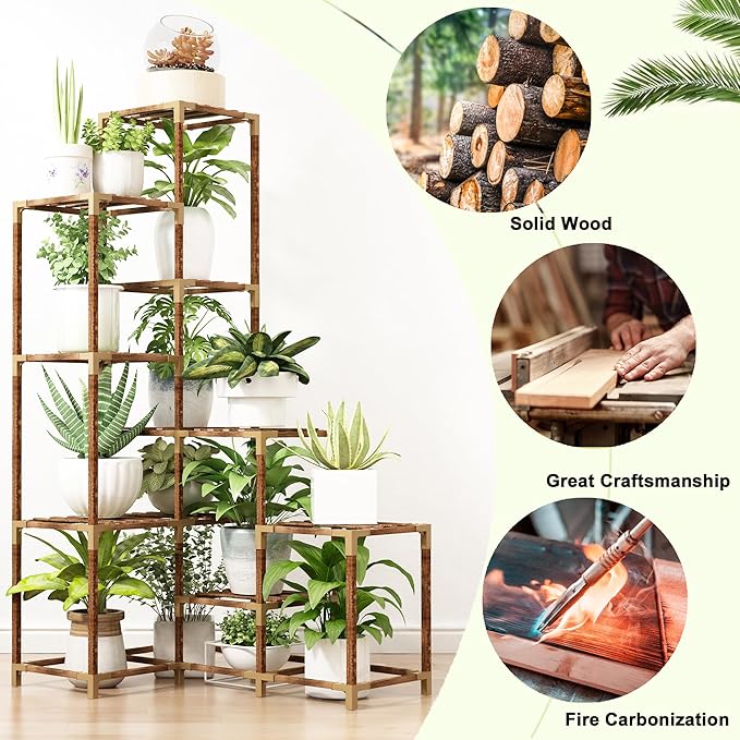 HOMKIRT Plant Stand Indoor Outdoor, 14 Tier Large Corner Plant Stand Tall Plant Shelf Rack Flower Stand For Multiple Plants, Wood Plant Holder Ladder Table Display For Patio Garden Balcony Window-VerdiqueGarden