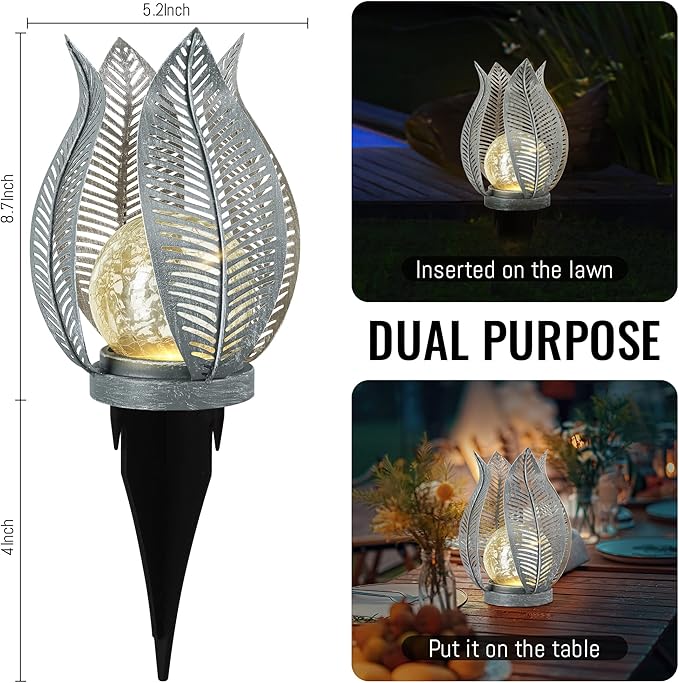 Solar Lights Outdoor Waterproof Garden Decor Crackle Glass Globe,Metal Yard Art Solar Outdoor Lights for Table Decor Porch,Patio Decorations.Gardening Gifts for Women/Mom-VerdiqueGarden