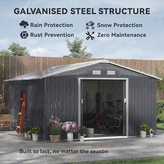 Outsunny 11' x 13' Outdoor Storage Shed, Garden Tool Metal Shed with Foundation Kit, Double Lockable Door, Air Vents and Sloping Roof, for Backyard, Patio, Lawn, Dark Gray-VerdiqueGarden