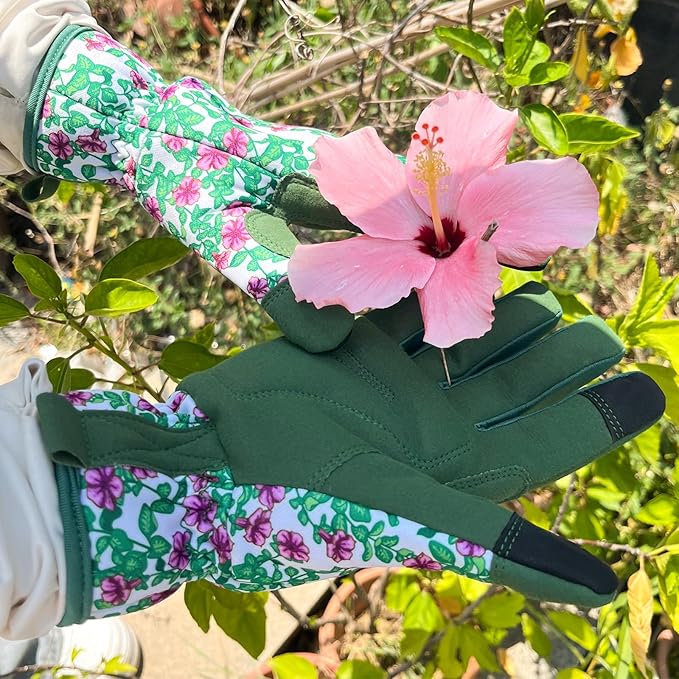 Gardening Gloves for Women, Garden Gloves with Touch Screen, Thorn Proof Puncture Resistant Working Gloves, Gardening Gifts for Women (Green with purple flowers, Medium)-VerdiqueGarden