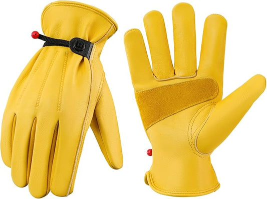 DULFINE Leather Work Gloves for Men & Women, Reinforced Durable Gardening Gloves,Cowhide Work Gloves,Puncture & Cut Resistant-VerdiqueGarden
