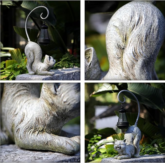 Laughing Cat Figurine with Solar-Powered LED Light, 15.7 Inches Tall Marble, Perfect for Gift Garden Decor or Housewarming for Cat Lovers.-VerdiqueGarden