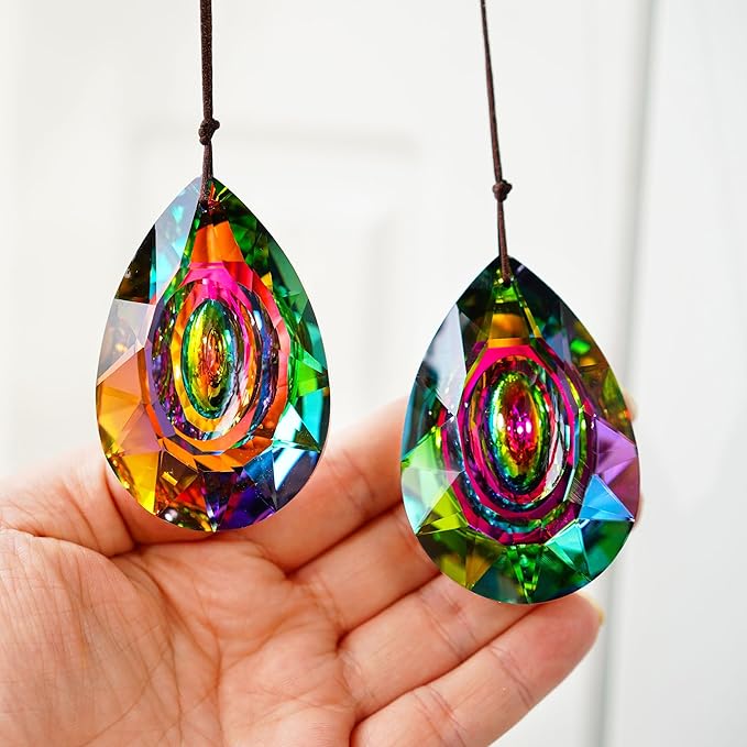 HDCRYSTALGIFTS 2PCS 76mm Crystal Prisms Suncatchers Hanging Ornament for Window, Chandelier Lamp Drops Pendant Rainbow Maker Home Garden Decoration (Single Face Colorful)-VerdiqueGarden