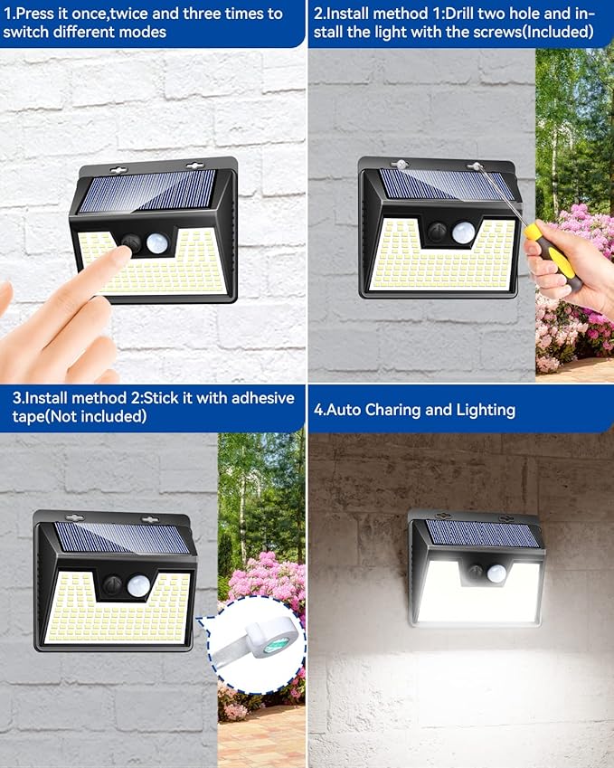 Peasur Solar Powered Lights Outdoor, 140 LED 8Pack Motion Sensor Light Outside, IP65 Waterproof Fence Security Lighting with 3 Modes for Yard Wall Garden Cool White-VerdiqueGarden