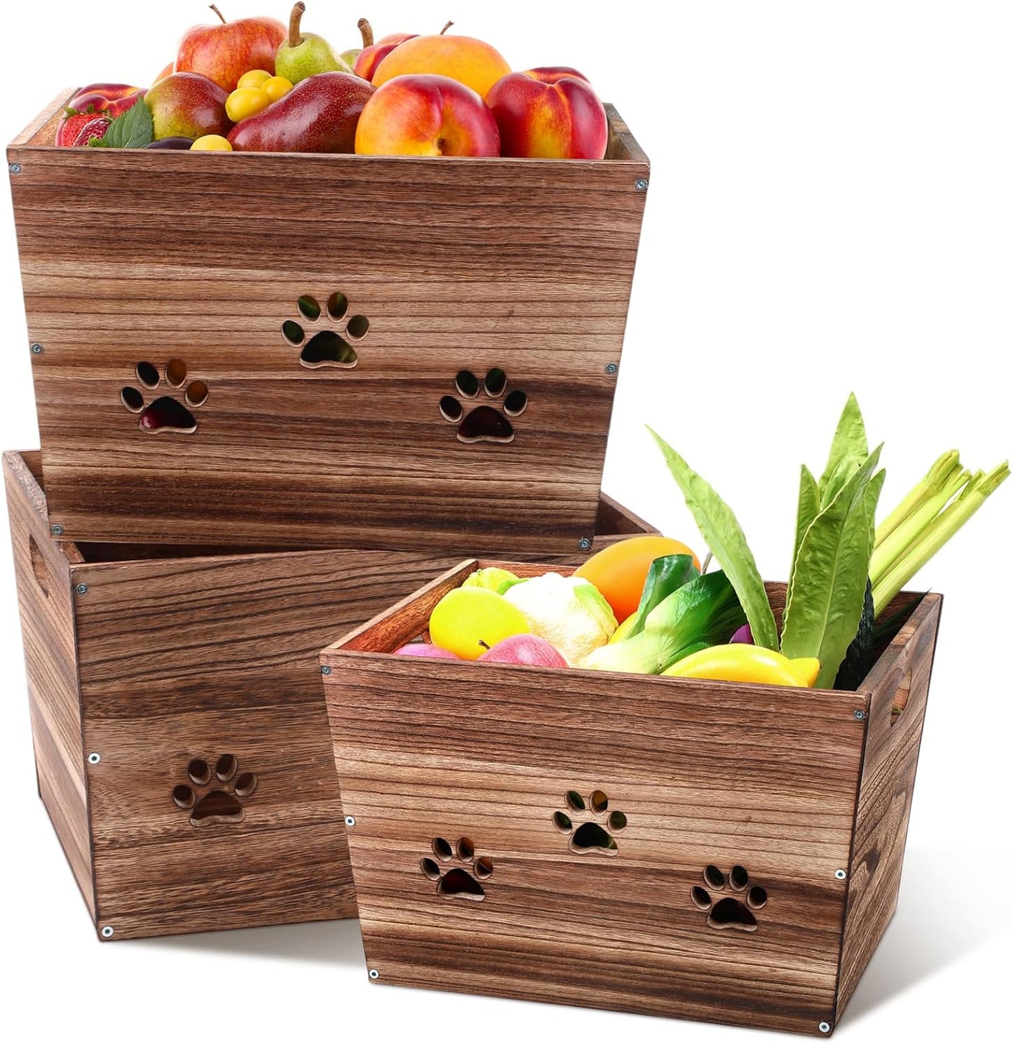 3 Pack Rustic Wooden Crates Hollow Claw Wooden Storage Boxes with Handles Dog Toy Box Large Handmade Farmhouse Decorative Wood Crate for Display-VerdiqueGarden