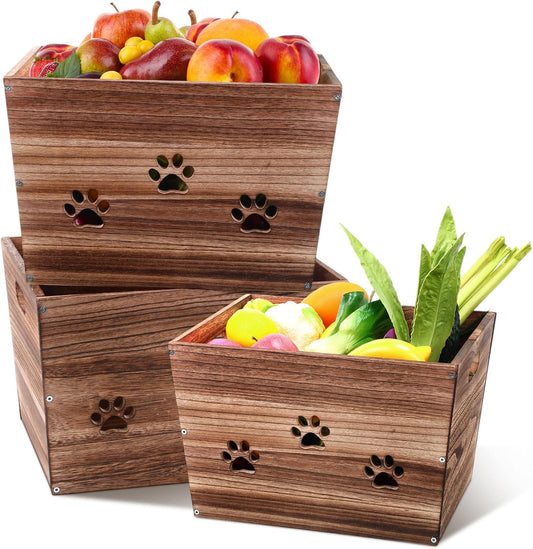 3 Pack Rustic Wooden Crates Hollow Claw Wooden Storage Boxes with Handles Dog Toy Box Large Handmade Farmhouse Decorative Wood Crate for Display-VerdiqueGarden