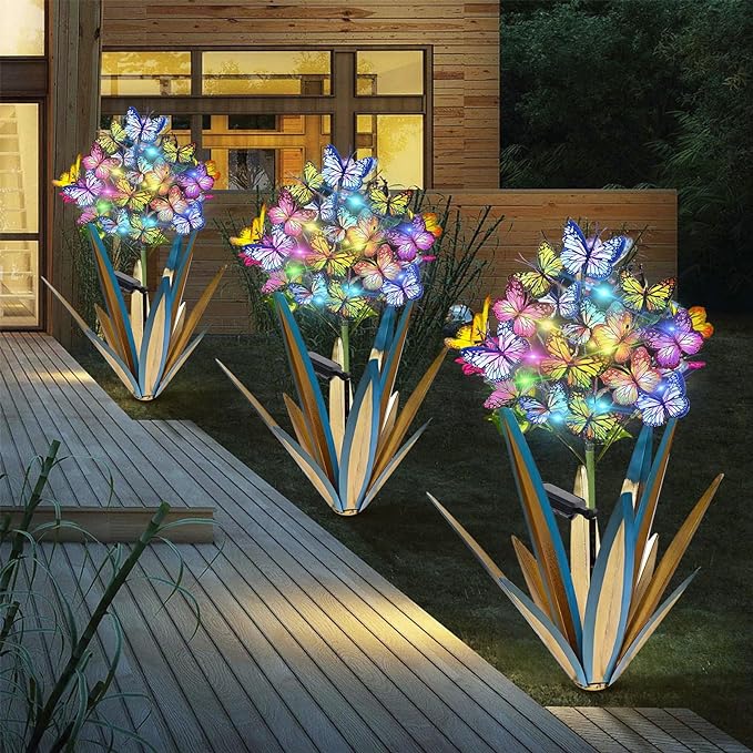 Homight Solar Metal Agave Butterfly Flower Stick Garden Sculpture Outdoor Gift Solar Garden Christmas Lights Swaying Butterfly Sunflower Garden Lights Solar Outdoor (3 PCS Blue)-VerdiqueGarden