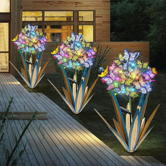 Homight Solar Metal Agave Butterfly Flower Stick Garden Sculpture Outdoor Gift Solar Garden Christmas Lights Swaying Butterfly Sunflower Garden Lights Solar Outdoor (3 PCS Blue)-VerdiqueGarden