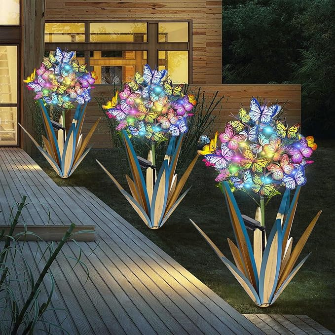 Homight Solar Metal Agave Butterfly Flower Stick Garden Sculpture Outdoor Gift Solar Garden Christmas Lights Swaying Butterfly Sunflower Garden Lights Solar Outdoor (3 PCS Blue)-VerdiqueGarden