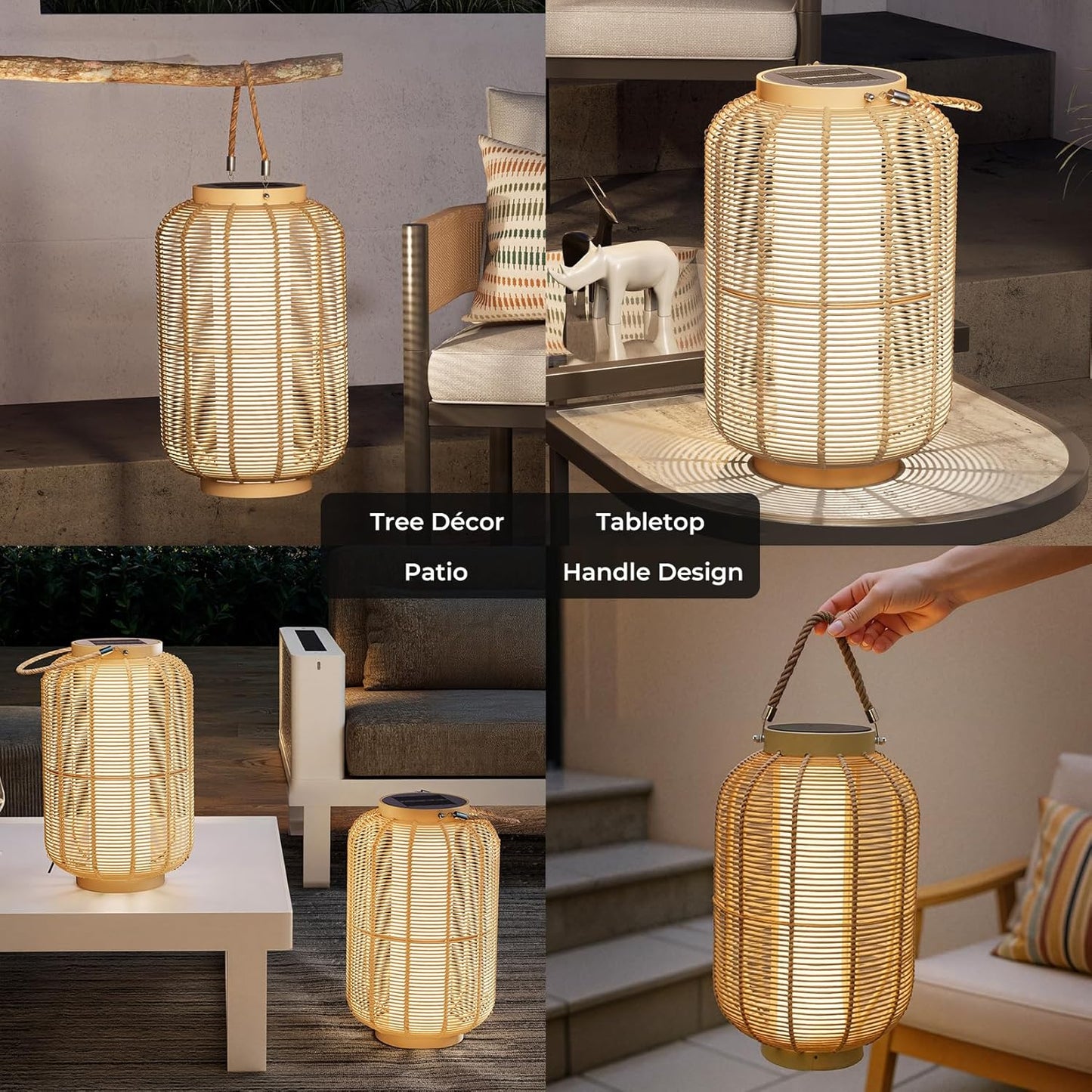 Solar Yard 2-Pack Outdoor Solar Lantern Lamp, Water-Resistant Boho Lights for Outside Hanging Lantern Table Lights Decoration for Garden, Patio, Porch, Trees, Pathway, Black and Natural-VerdiqueGarden