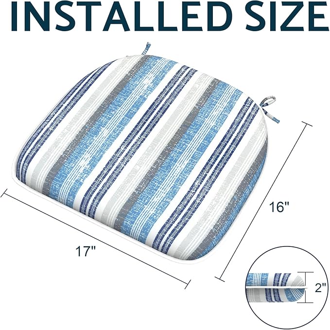 Indoor/Outdoor Chair Cushions 16x17 Inch, Patio Chair Cushions with Ties, All Weather Seat Cushions for Patio Furniture Home Garden Chair Use, Set of 2, Stripe Layered Blue-VerdiqueGarden