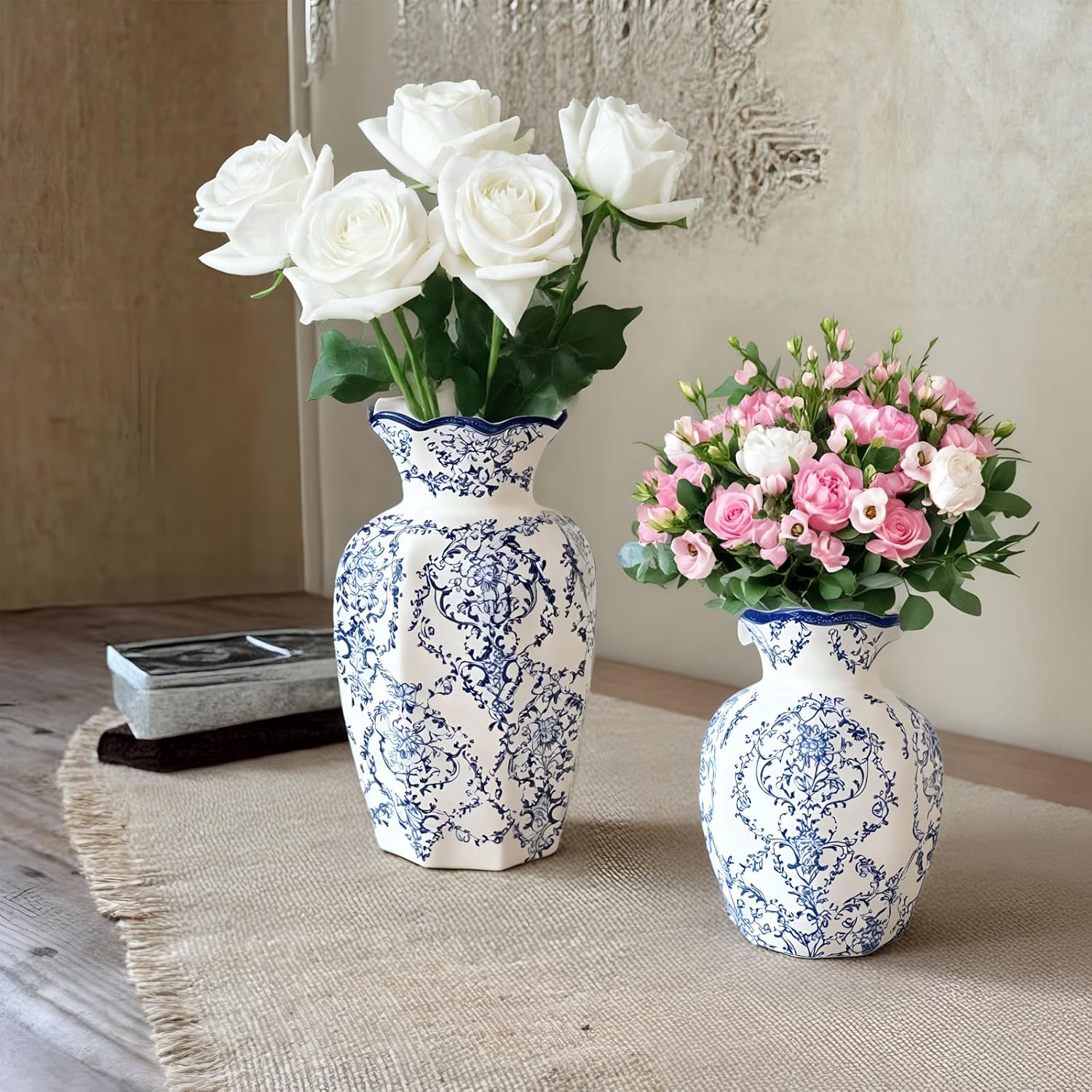 Chinoiserie Vase,Blue and White Vase,Vintage Ceramic Vases,Flower Vase for Centerpiece,Chinese Cute Vases for Living Room, Office,Home Decor (Blue White, Large)-VerdiqueGarden