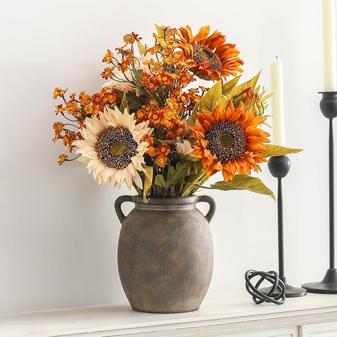 Ceramic Flower Vase 7.6 inch Farmhouse Rustic Vase Decorative Pottery Terracotta Vases for Home Decor Table Mantle Fireplace Living Room Bathroom Wedding Centerpiece (Black)-VerdiqueGarden